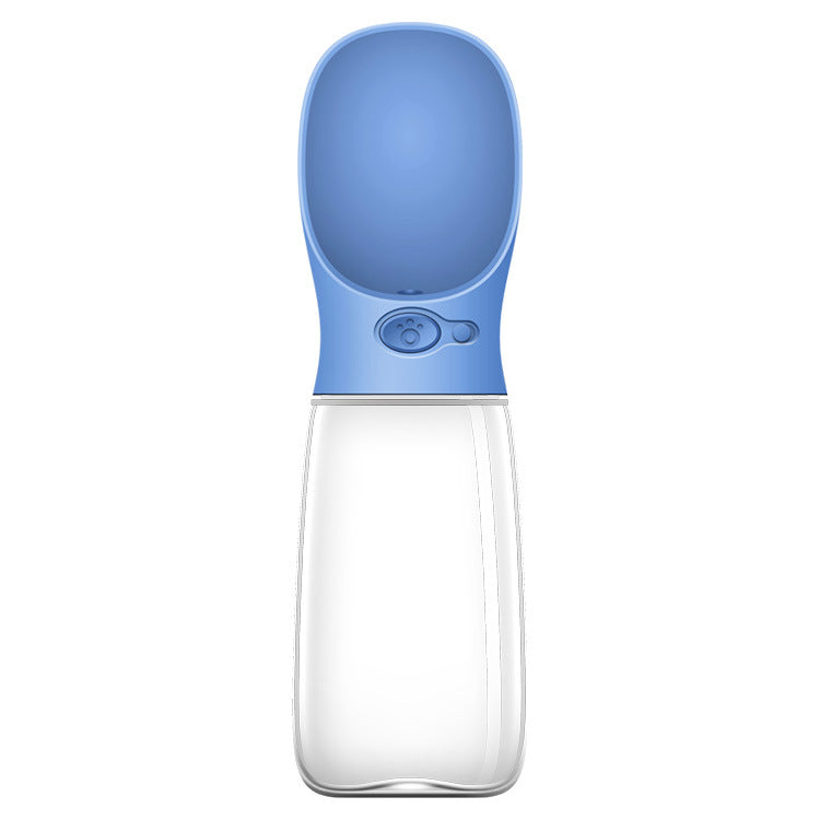 Portable One-Touch Pet Water Bottle in blue, angled side view showing full bottle design and water tray