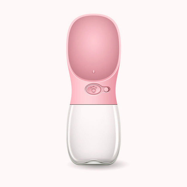Portable One-Touch Pet Water Bottle in three colors (teal, white, pink) shown side by side on pink background