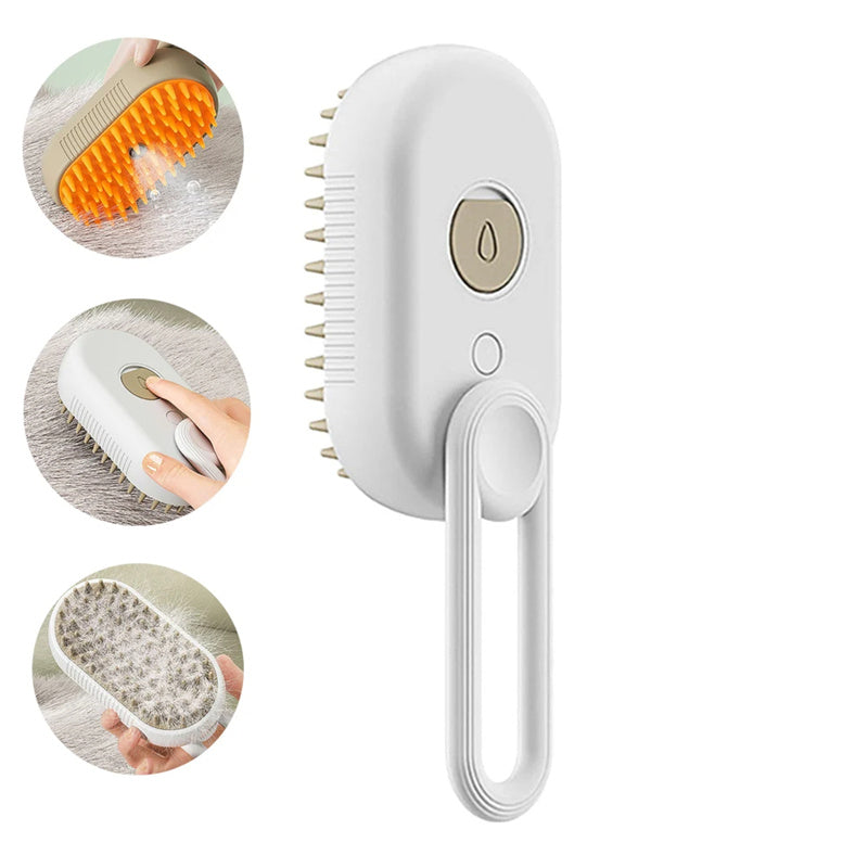 3-in-1 Electric Steam Pet Brush Milk Brown color showing full orange silicone bristle surface and steam nozzle