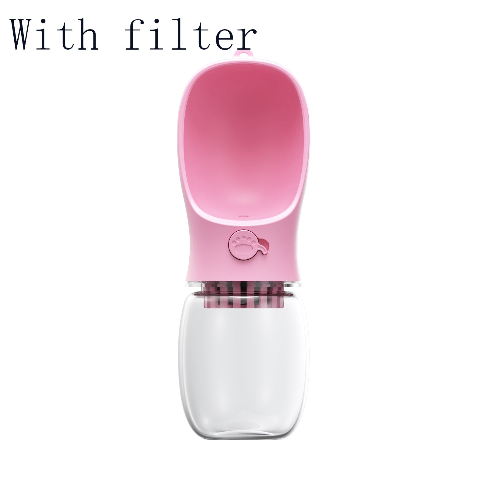 Portable Pet Water Bottle in pink with built-in filter mesh visible, front view with filter label