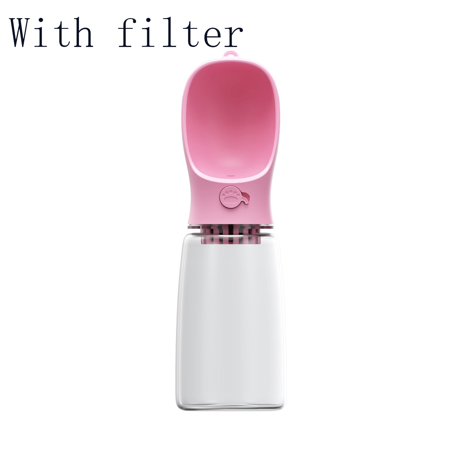Portable Pet Water Bottle in pink with filter, tilted view showing filter screen and water reservoir