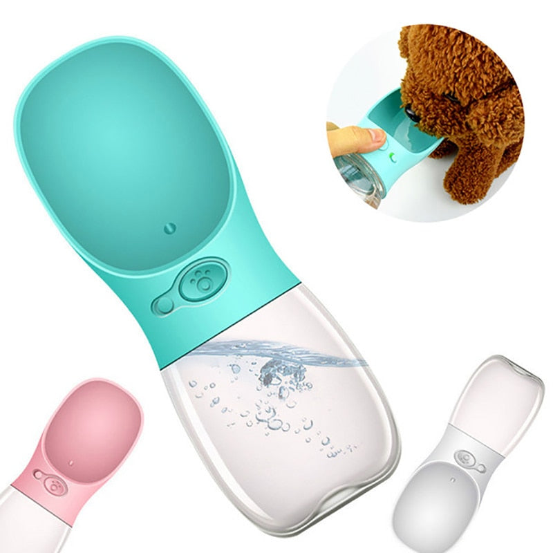 Teal Portable Pet Water Bottle shown tilted and pouring water with Poodle inset photo drinking from the bottle