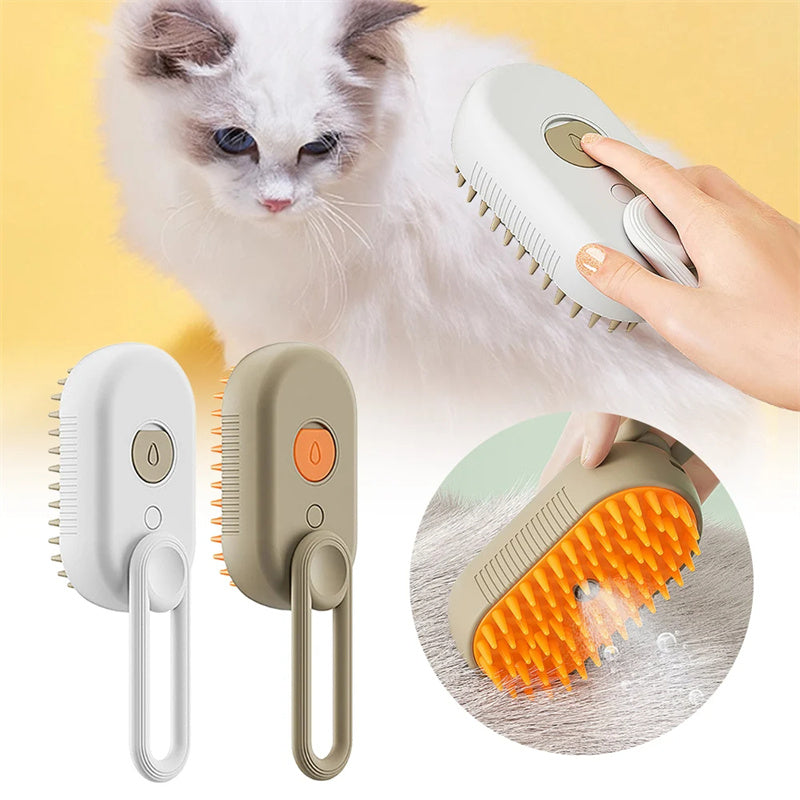 3-in-1 Electric Steam Pet Brush being used on a white cat showing steam mist and two color variants