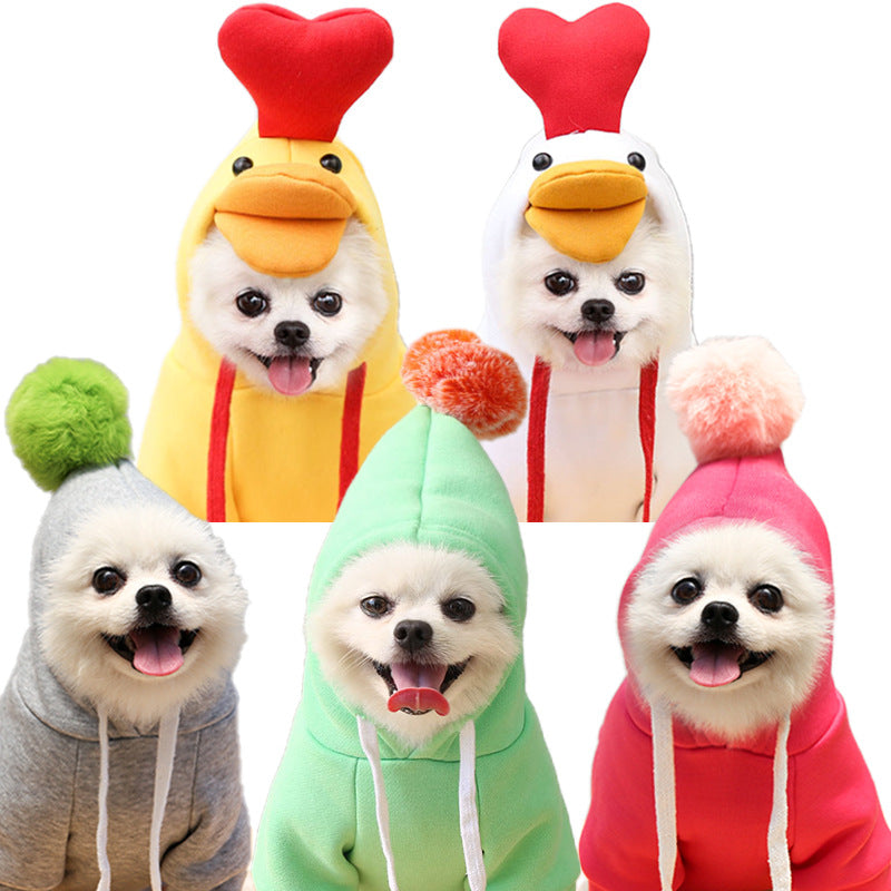 Cute Fruit Dog Hoodie banana style — four small dogs and cats wearing yellow banana costume hoodies collage