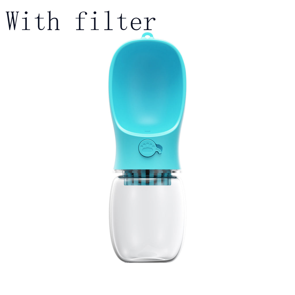 Portable Pet Water Bottle in blue with built-in water filter mesh visible at bottom, with filter label
