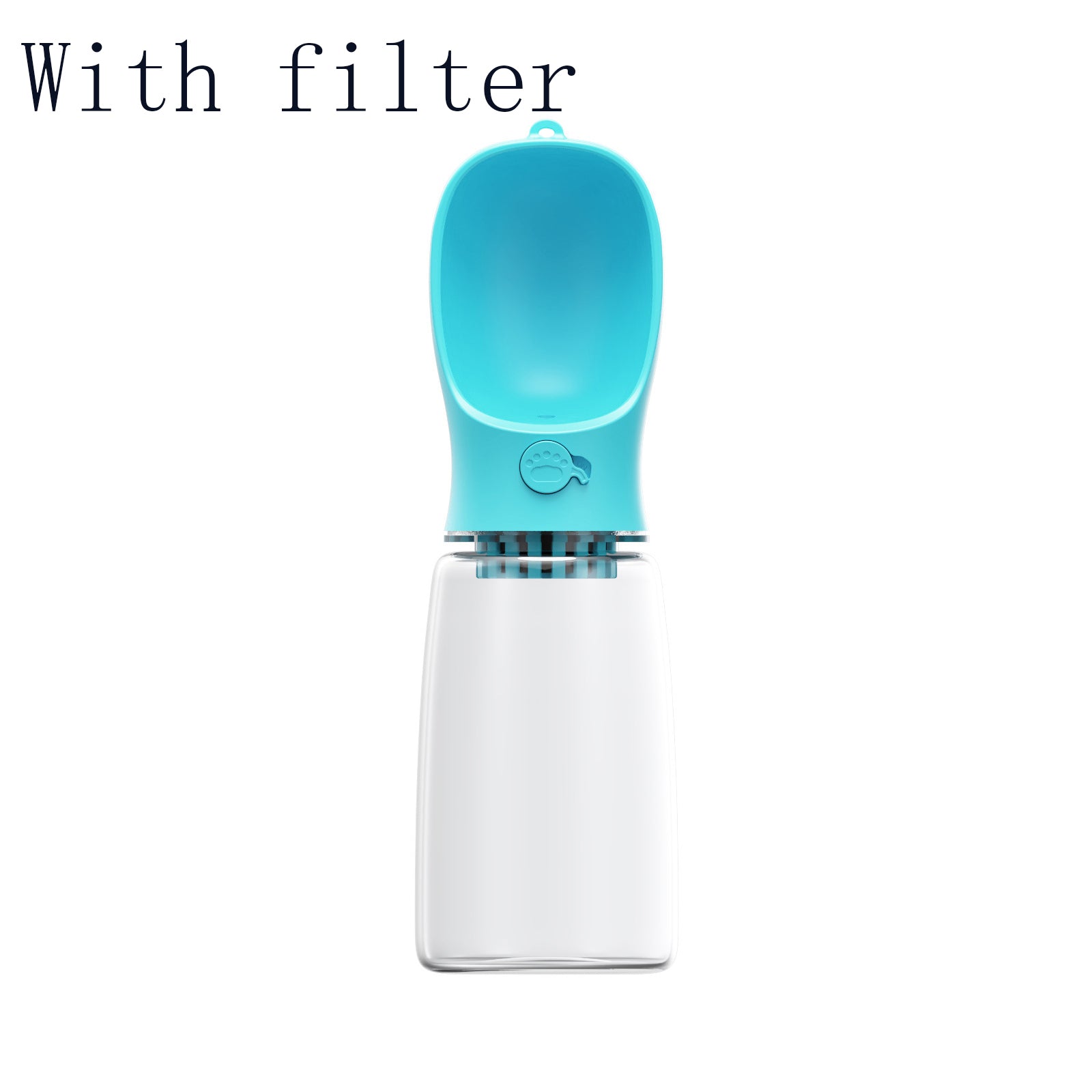 Portable Pet Water Bottle in blue with filter, slightly different angle showing filter screen detail