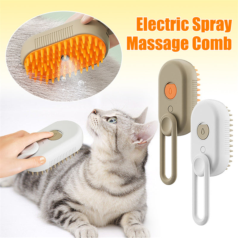 3-in-1 Electric Steam Pet Brush being used on a white cat showing steam mist and two color variants