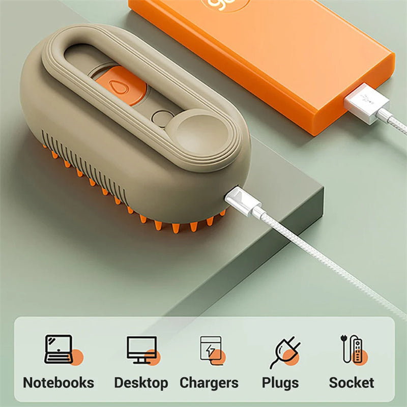 3-in-1 Electric Steam Pet Brush Milk Brown color showing full orange silicone bristle surface and steam nozzle