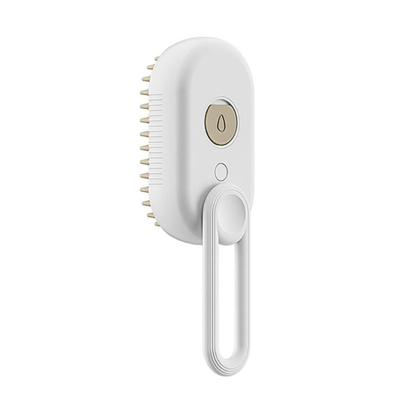 3-in-1 Electric Steam Pet Brush Porcelain White color side view showing comb bristles and loop handle design