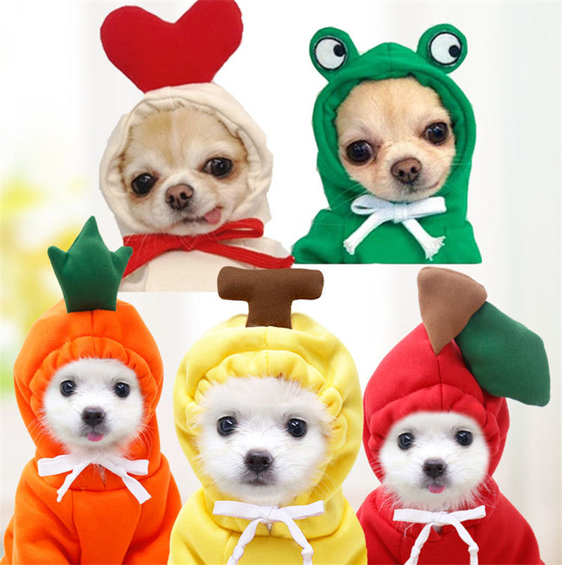 Cute Fruit Dog Hoodie red apple style — Pekingese sitting on bench outdoors in red apple fleece hoodie