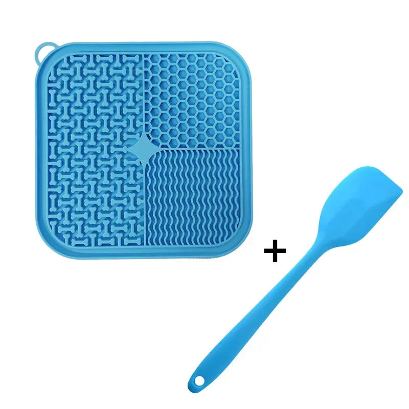 Blue Licking Mat Slow Feeder + Spatula - Food grade silicone slow feeder licking mat with bonus spatula for easy cleaning