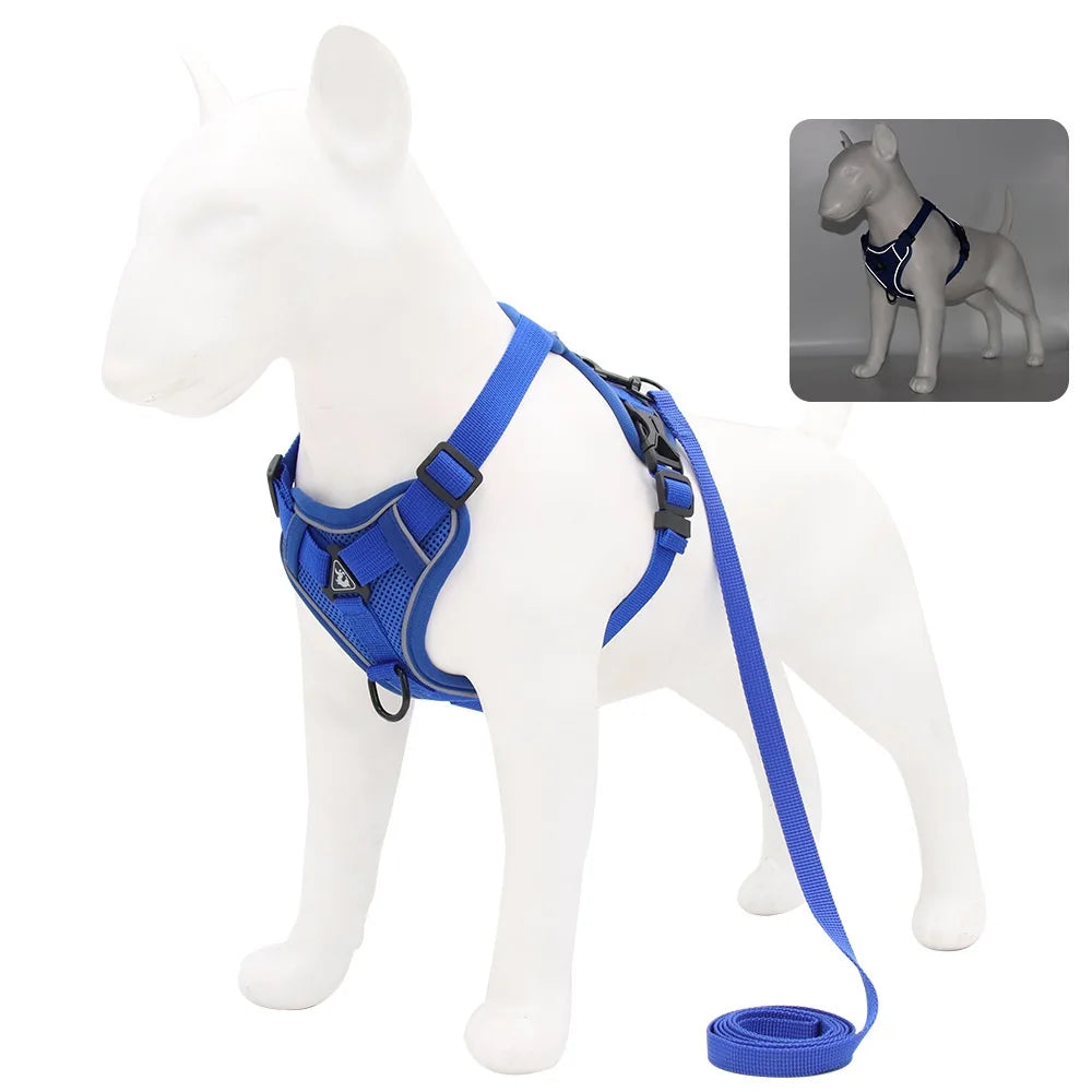 Blue Reflective No-Pull Harness - Adjustable blue dog harness and leash set for comfortable daily walk
