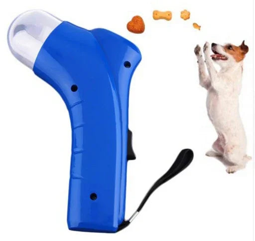 Blue Pet Food Catapult Feeder - Blue treat launcher toy shooting dog treats for interactive fun with Jack Russell dog