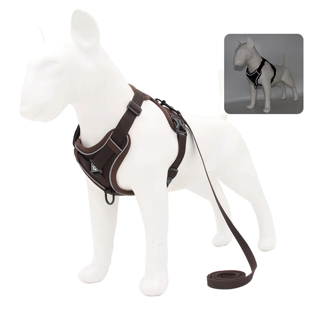 Brown Reflective No-Pull Dog Harness - Adjustable brown pet harness and leash set for medium dogs