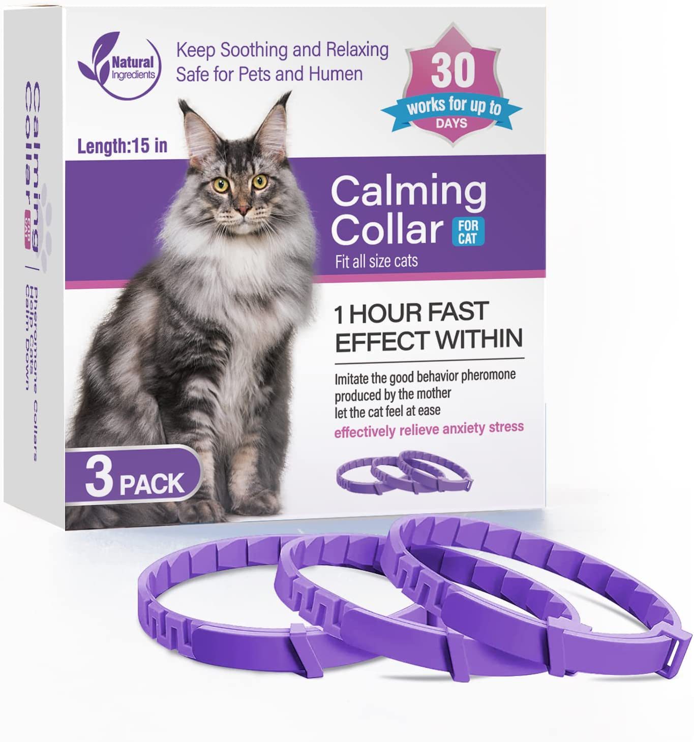 Cat Calming Collar 3 Pack - Natural pheromone calming collar for cats anxiety relief fast acting within 1 hour