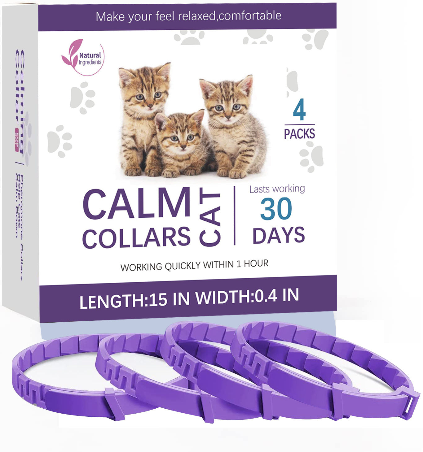 Kitten Calming Collar 4 Pack - Natural calming collar for small cats and kittens anxiety relief 30 days effect