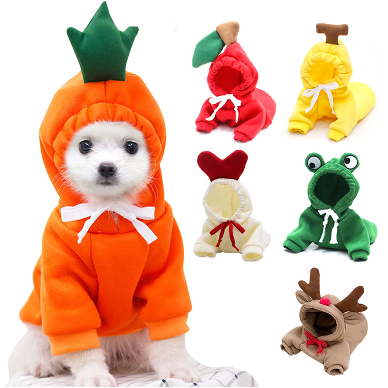 Cute Fruit Dog Hoodie warm fleece lining — winter coat keeping small dog cozy and comfortable