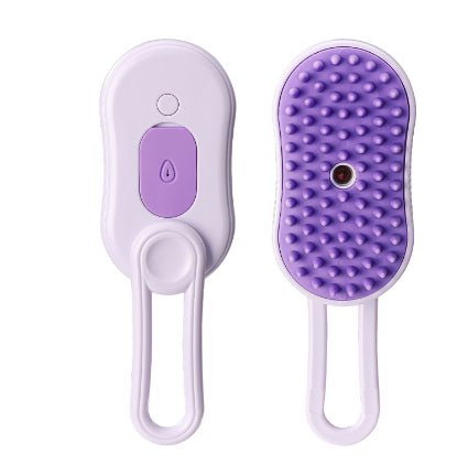 3-in-1 Electric Steam Pet Brush Light Purple color top view showing self-cleaning button and loop handle
