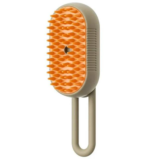 3-in-1 Electric Steam Pet Brush in Milk Brown color side view showing orange silicone bristles and spray button