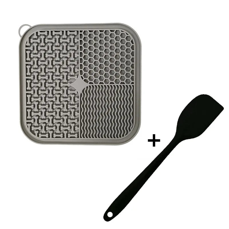 Gray Licking Mat Slow Feeder + Spatula - Food grade silicone slow feeder licking mat with bonus spatula for dogs and cats