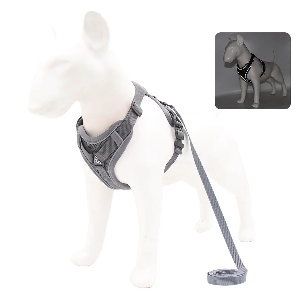 Gray No-Pull Dog Harness - Reflective gray pet harness and leash set with safety reflective strips
