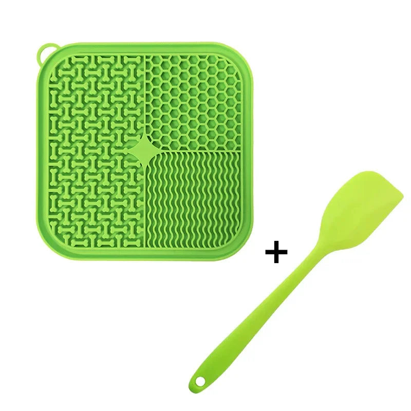 Green Licking Mat Slow Feeder + Spatula - Food grade silicone slow feeder licking mat with bonus spatula for dogs and cats