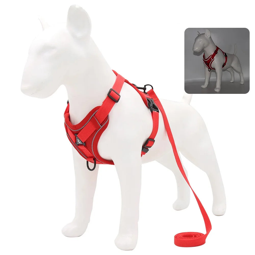 Red Reflective No-Pull Dog Harness - Adjustable red pet harness and leash set on mannequin for small dogs daily walk