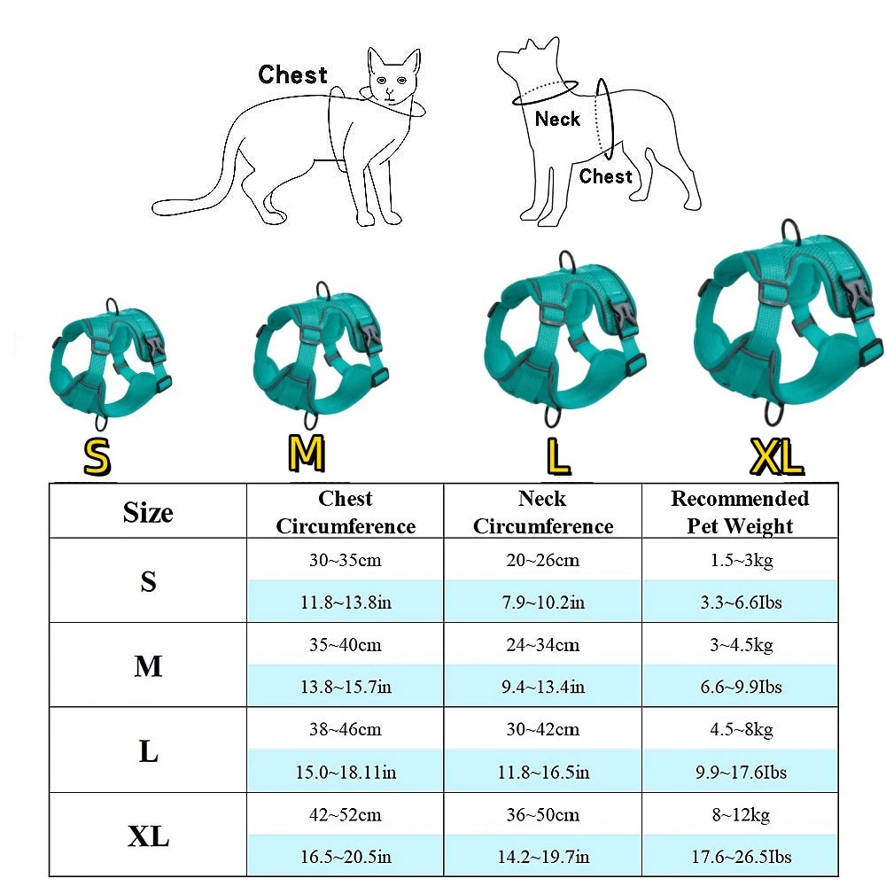 No-Pull Dog Harness Size Chart - S M L XL reflective pet harness and leash set size guide for dogs and cats