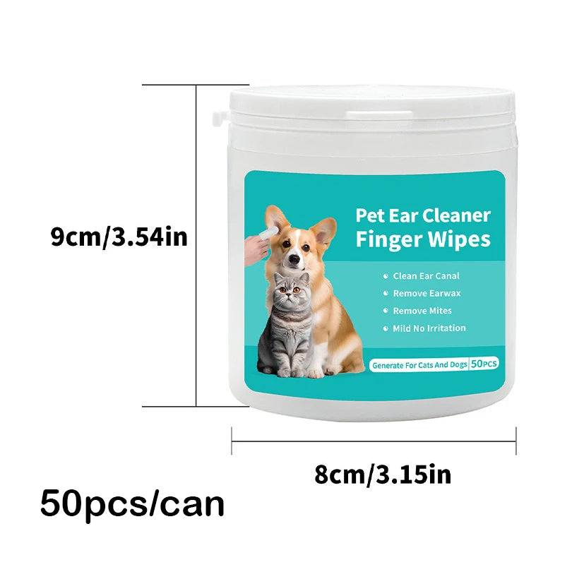 Pet Ear Cleaner Finger Wipes 50pcs - Product size 9cm height 8cm diameter 50 pieces per can for cats and dogs ear cleaning
