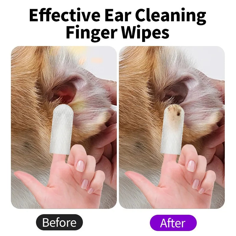 Pet Ear Cleaning Finger Wipes Before and After - Effective ear cleaner wipes showing dirty wipe before and clean ear after for dogs and cats