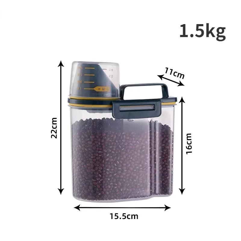Pet Food Storage Container with Measuring Cup - 1.5kg capacity airtight pet food container dimensions 22cm height 16cm width 15.5cm depth with measuring cup for dog cat dry food storage