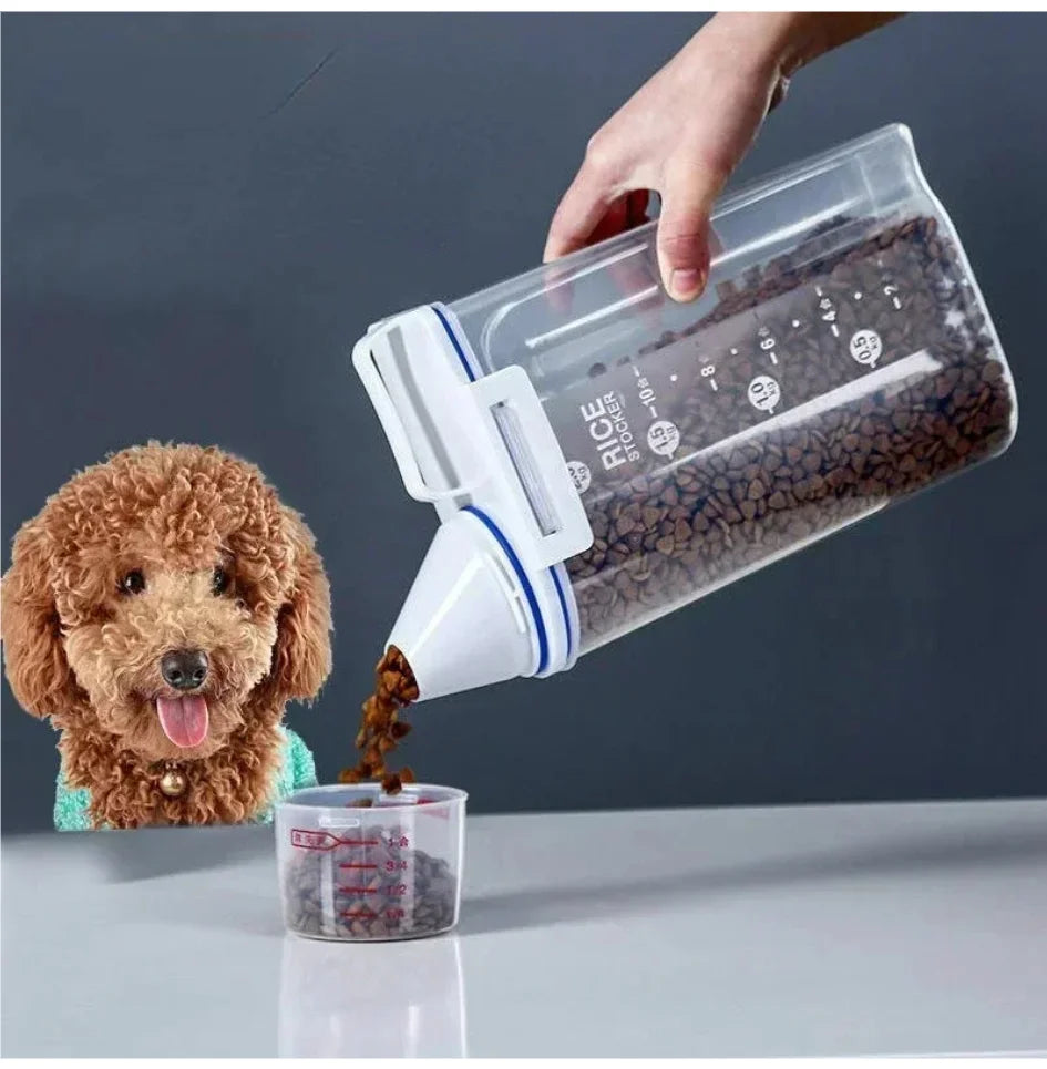 Pet Food Storage Container with Measuring Cup - Transparent airtight pet food container with measuring cup pouring dog kibble for easy feeding