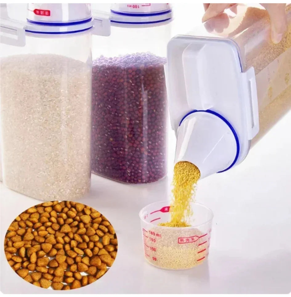 Pet Food Storage Container with Measuring Cup - Airtight pet food container pouring dry dog kibble into measuring cup for precise feeding portion control