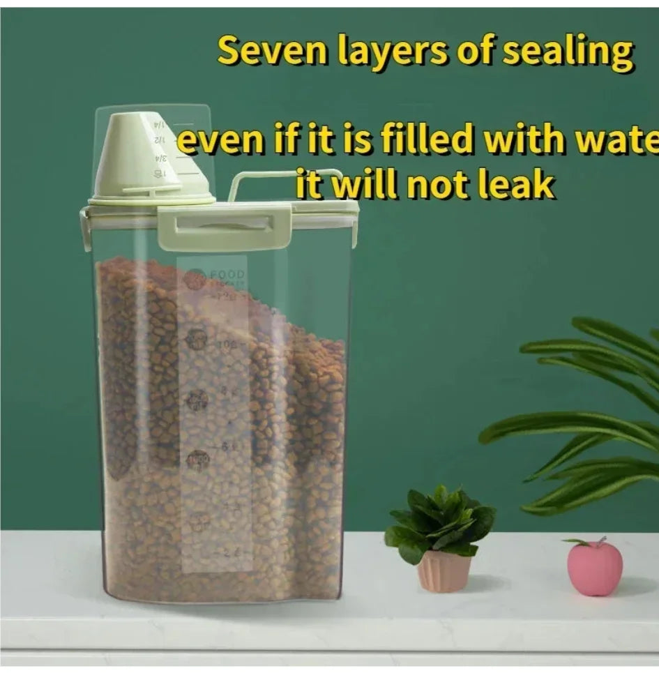 Pet Food Storage Container with Measuring Cup - Airtight 7 layers sealing pet food container that does not leak even when filled with water for dog and cat food storage
