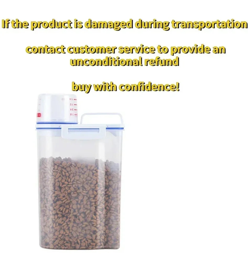 Pet Food Storage Container with Measuring Cup - Airtight pet food container for dog and cat kibble with measuring cup, unconditional refund if damaged during transportation, buy with confidence