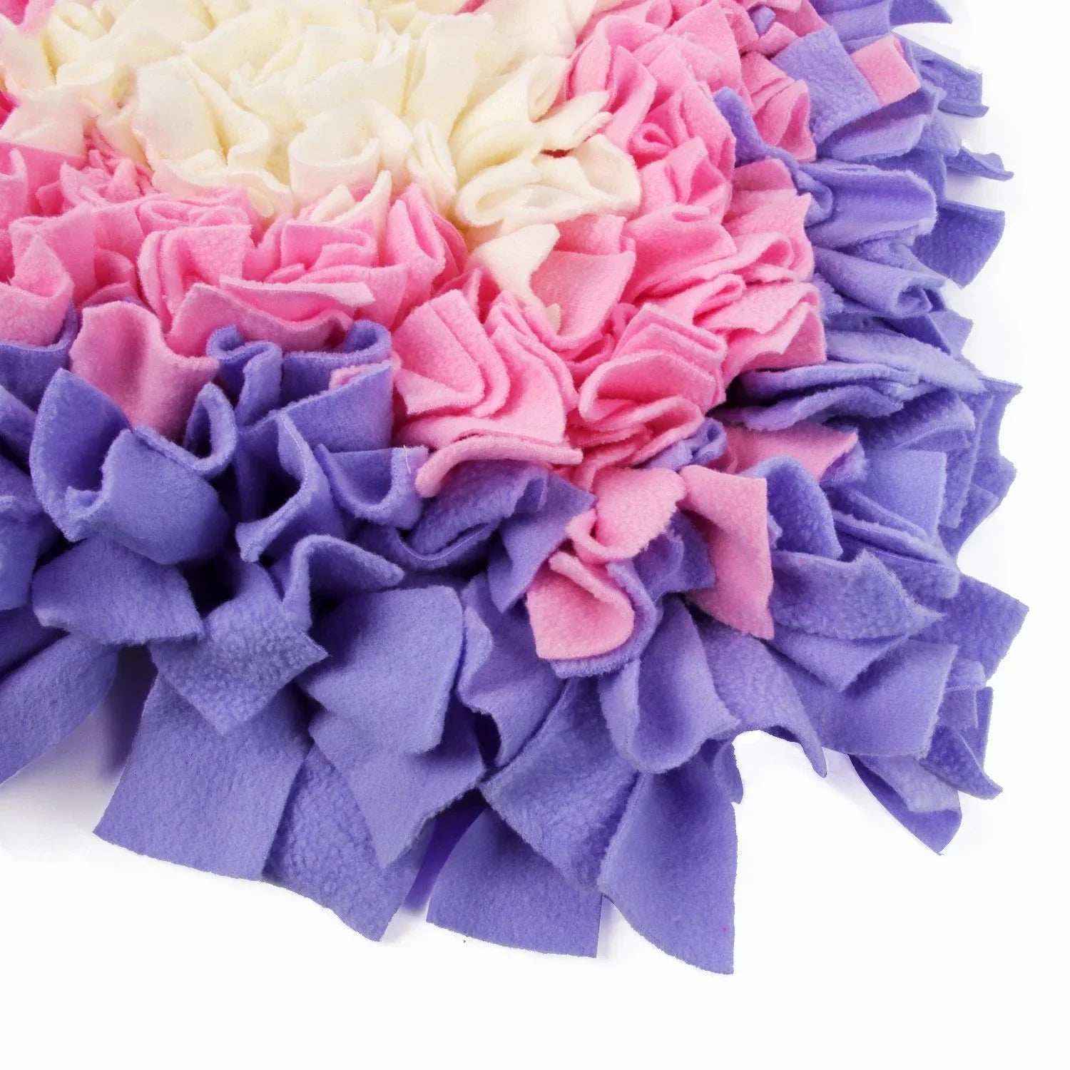 Close-up of soft cloth strips on purple pink pet snuffle mat for dogs