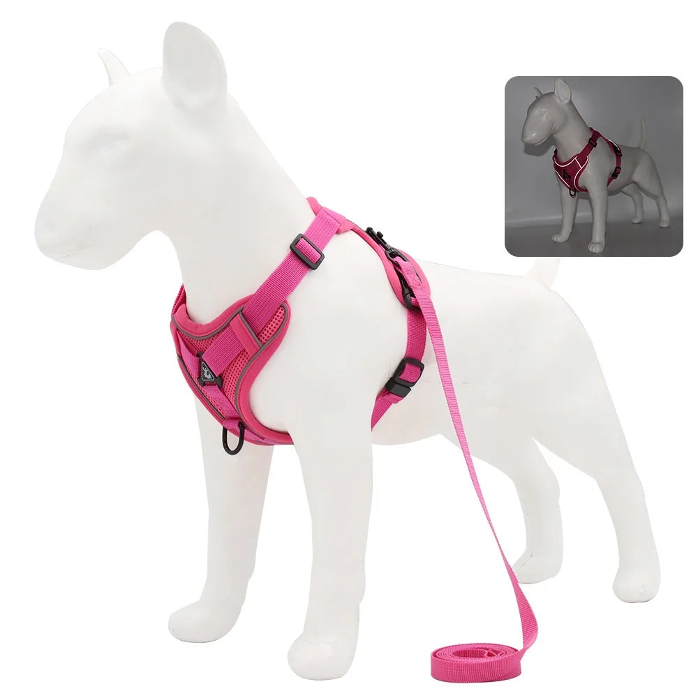 Pink Reflective No-Pull Dog Harness - Adjustable pink pet harness and leash set for small dogs daily walk