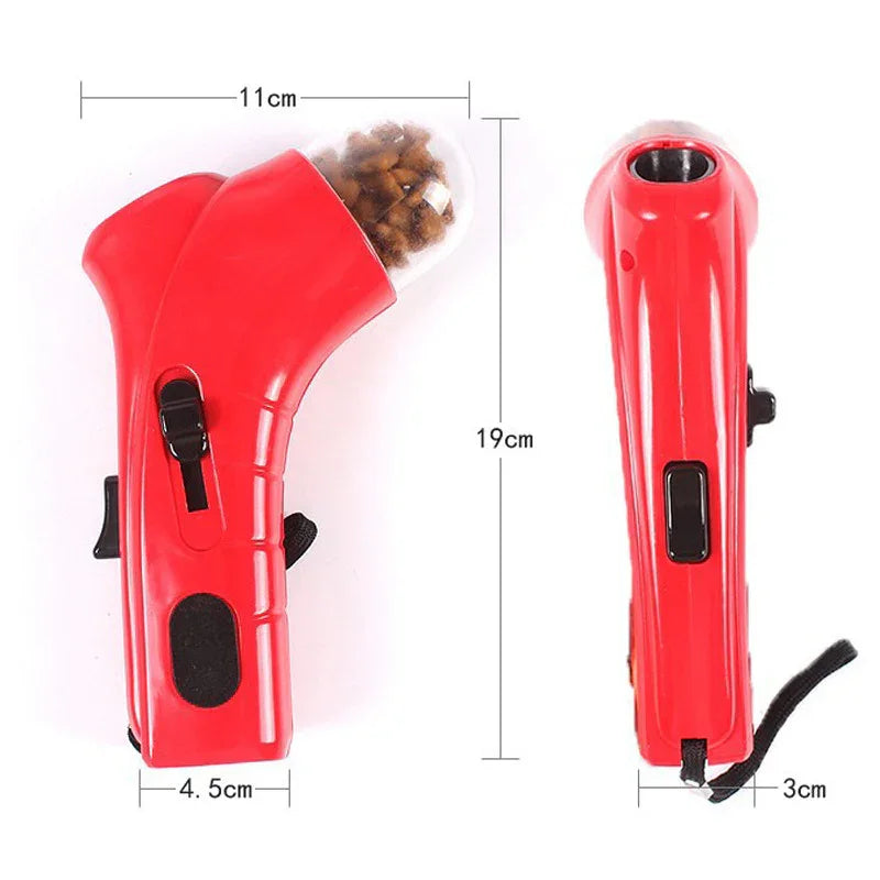 Red Pet Food Catapult Feeder Size - 19cm tall red treat launcher toy with 11cm width and 4.5cm base for dogs
