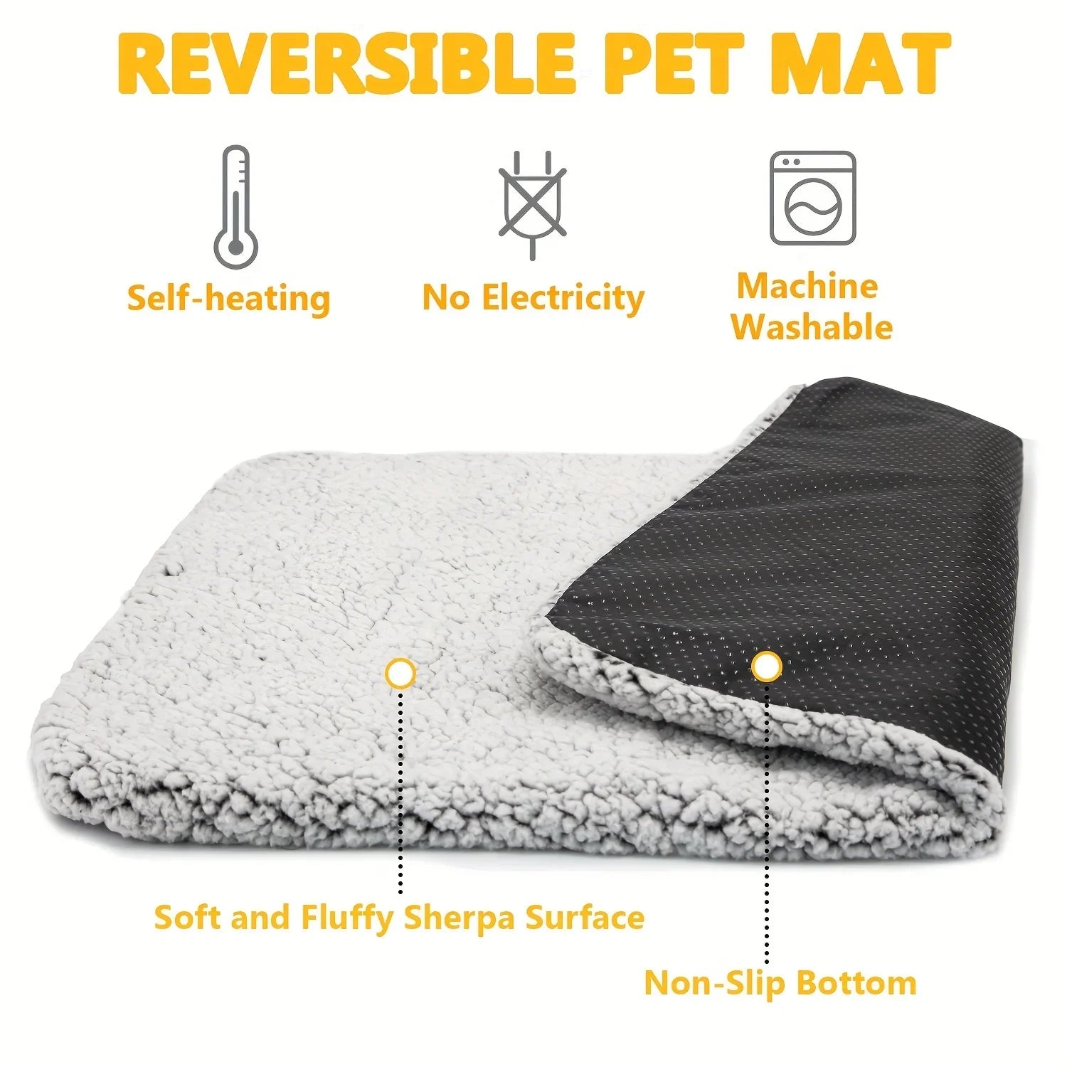 Reversible Self Heating Pet Mat - Soft fluffy Sherpa surface non-slip bottom machine washable thermal pad for pets